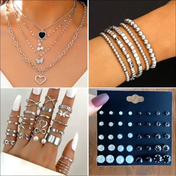 Silver Plated Jewelry Set with Adjustable Necklaces Bracelets Earrings Rings - Picture 7 of 7